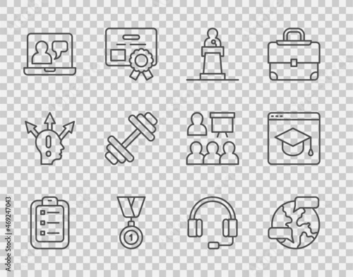 Set line To do list or planning, Worldwide, Speaker, Medal, Online education, Dumbbell, Headphones and icon. Vector