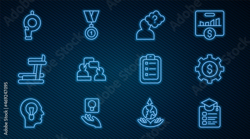 Set line Online education, Gear with dollar, Head question mark, Two sitting men talking, Treadmill machine, Whistle, To list or planning and Medal icon. Vector