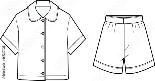 women loungewear button down short sleeve shirt and boxer shorts sleepwear pyjama set flat sketch vector illustration