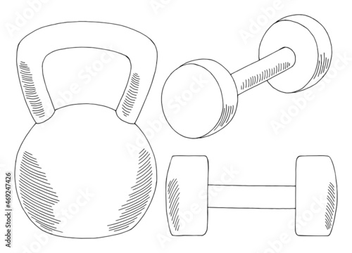 Dumbbells kettlebell graphic black white sketch isolated illustration vector