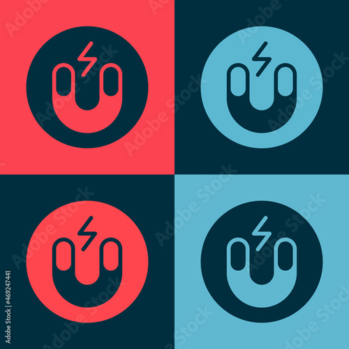 Pop art Magnet icon isolated on color background. Horseshoe magnet, magnetism, magnetize, attraction. Vector