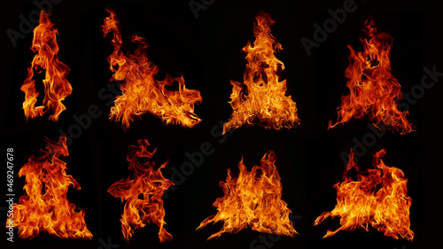 A collection of 8 flame Flame Texture for whimsical fire backgrounds. Flame meat that has been burned from the stove or from cooking danger feeling abstract black background.