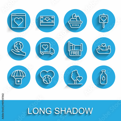 Set line Humanitarian aid, The heart world - love, Dating app online, Volunteer team planting trees, Bottle of water, Delivery truck with, ship and Free overnight stay house icon. Vector