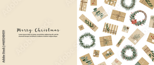 Christmas presents in kraft paper, wreaths. Rustic craft gift box. Eco decoration, eucalyptus, spruce. Xmas and New 2022 Year celebration. Vector flat cartoon illustration, winter banner, card, flyer