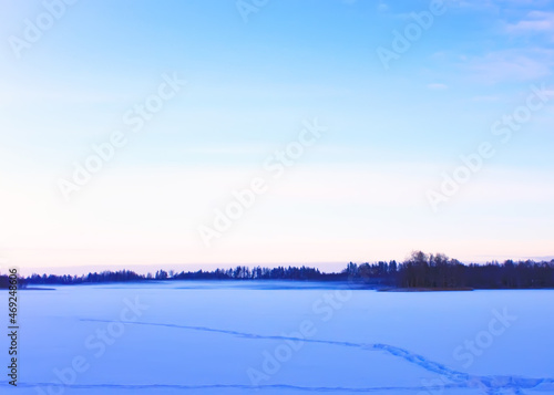 Frozen lake and forest. Winter landscape. 