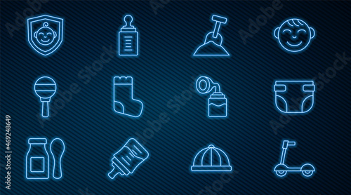 Set line Roller scooter, Baby diaper, Sandbox with sand and shovel, socks, Rattle baby toy, on shield, Breast pump and bottle icon. Vector