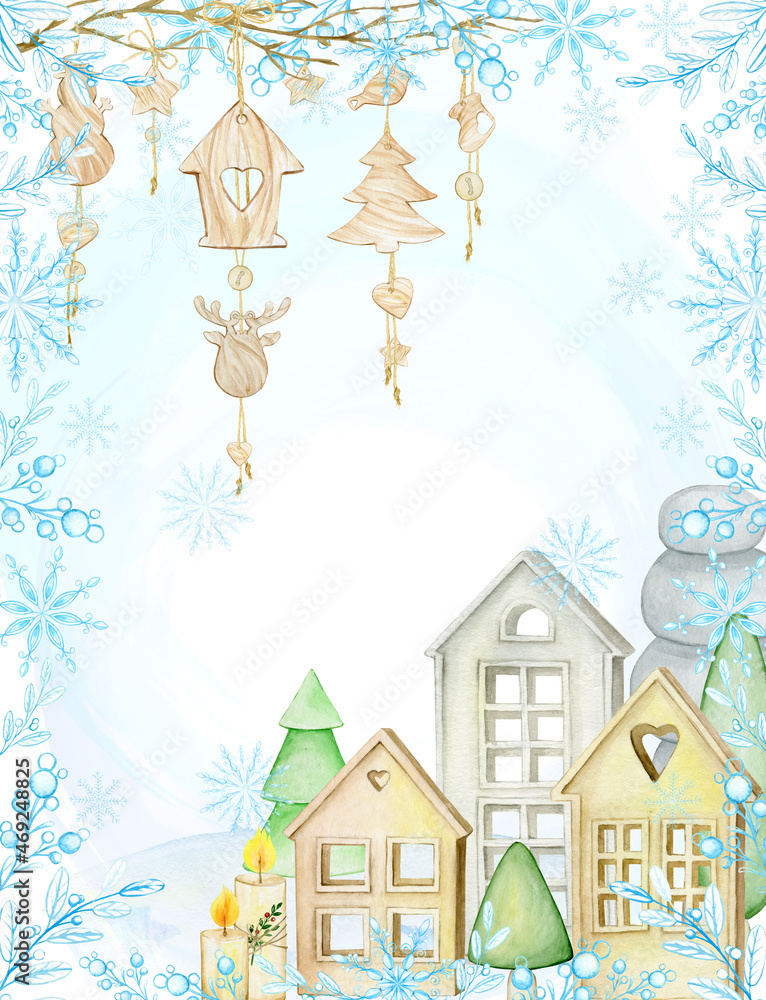 wooden garland, houses, trees, snowflakes. Watercolor postcard, in Scandinavian style. for the Christmas holiday.
