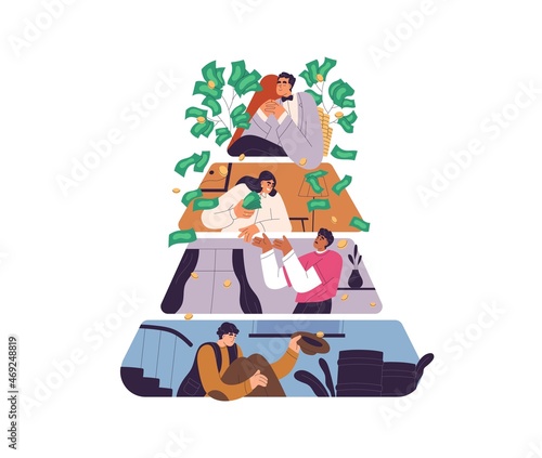 Social inequality of rich and poor concept. Hierarchy of society. Pyramid with people of upper, middle, lower class with different wealth levels. Flat vector illustration isolated on white background photo
