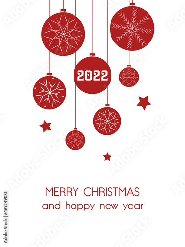 New Year's modern design 2022 in red and white colors with Christmas balls and snowflakes