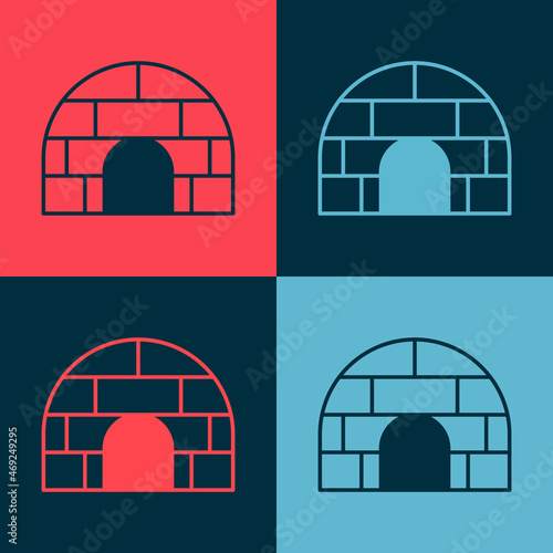 Pop art Igloo ice house icon isolated on color background. Snow home, Eskimo dome-shaped hut winter shelter, made of blocks. Vector