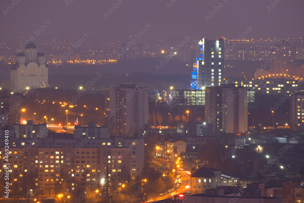 evening city of Minsk from above.