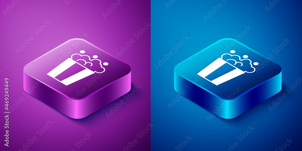 Isometric Popcorn in cardboard box icon isolated on blue and purple background. Popcorn bucket box. Square button. Vector Isometric Popcorn in cardboard box icon isolated on blue and purple background. Popcorn bucket box. Square button. Vector