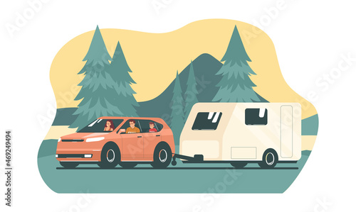 Family rides in a SUV car with trailer caravan on a forest road. Vector illustration.