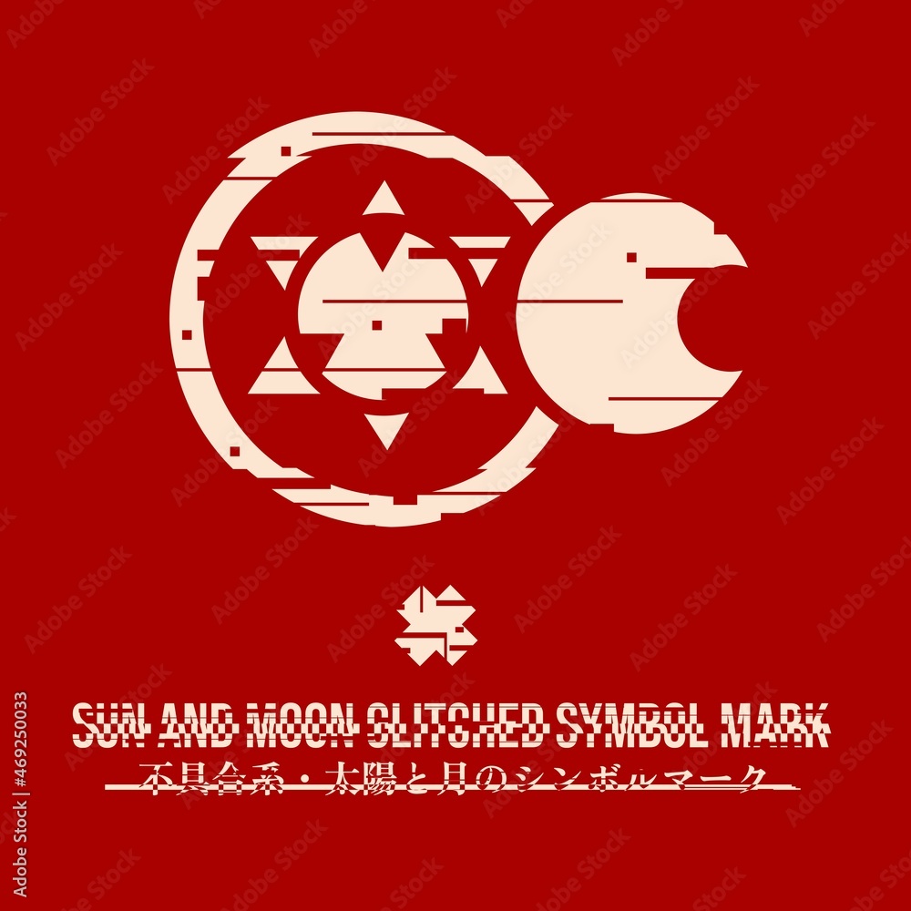 Obraz premium Glitched Tribe-Styled Sun and Moon Symbol Mark in Red Background