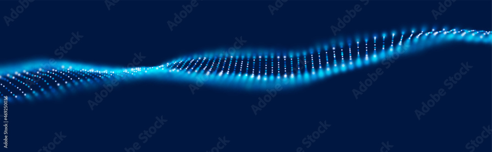 Abstract blue particle background. Flow wave with dot landscape. Digital data structure. Future mesh or sound grid. Pattern point visualization. Technology vector illustration.