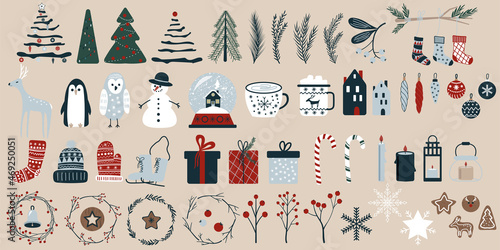 Big vector set of hand drawn Christmas elements. Varieties of Christmas and New Year elements for cards, gift tags, patterns and poster design. Different Xmas flat illustrations.