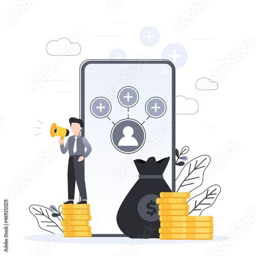 Refer A Friend Concept Design, People share info about referral and earn money. Suitable for web landing page, ui, mobile app, banner template. Vector Illustration