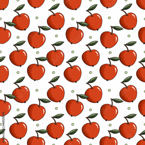 Apple with leaf vector seamless pattern on white background