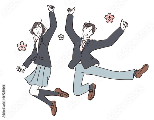 シンプル　イラスト　ジャンプする学生　男の子　女の子