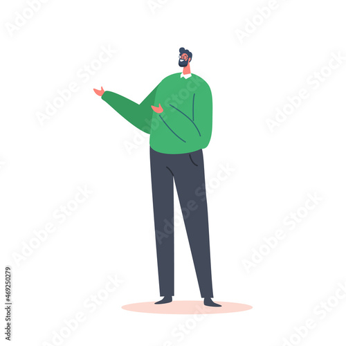 Single Male Character Wear Green Winter Sweater and Black Pants Isolated on White Background. Positive Fashioned Man