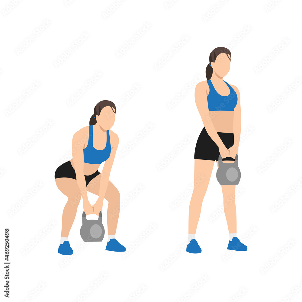 Woman doing Kettlebell deadlift exercise. Flat vector illustration isolated on white background. workout character set Woman doing Kettlebell deadlift exercise. Flat vector illustration isolated on white background. workout character set