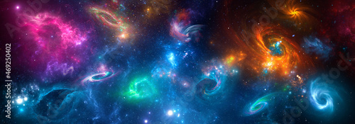 Panorama Space scene with planets, stars and galaxies. Banner template. Many Nebulae and galaxies in space, many light years away. Deep Universe. Large-scale structure 3D rendered photo