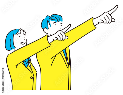 シンプル　イラスト　未来を指差す制服姿の学生　男の子　女の子