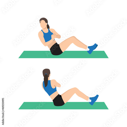 Woman doing Russian twists exercise. Flat vector illustration isolated on white background. workout character set