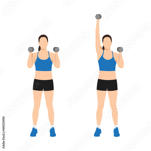 Woman doing Single arm dumbbell overhead shoulder press exercise. Flat vector illustration isolated on white background. workout character set