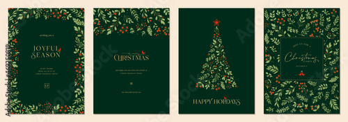Merry and Bright Corporate Holiday cards. Modern abstract creative universal artistic templates with Christmas Tree, birds, floral frames and backgrounds.