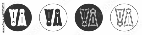 Black Rubber flippers for swimming icon isolated on white background. Diving equipment. Extreme sport. Diving underwater equipment. Circle button. Vector