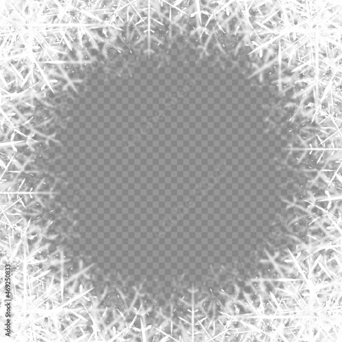 Vignette from snowflakes isolated. Christmas vintage borders on transparent background. vector 