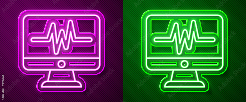 Glowing neon line Computer monitor with cardiogram icon isolated on purple and green background. Monitoring icon. ECG monitor with heart beat hand drawn. Vector Glowing neon line Computer monitor with cardiogram icon isolated on purple and green background. Monitoring icon. ECG monitor with heart beat hand drawn. Vector