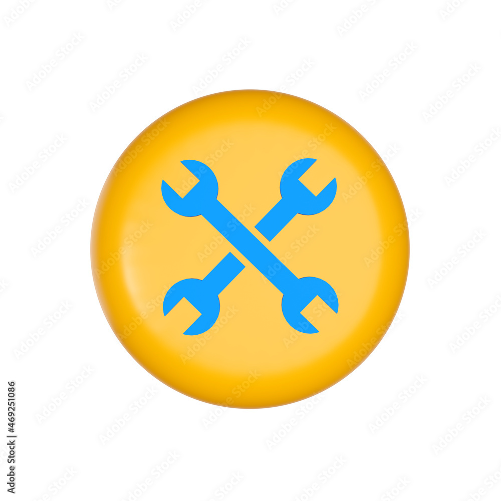 Blue wrench icon on a yellow round shape. Web button. 3D rendering Blue wrench icon on a yellow round shape. Web button. 3D rendering