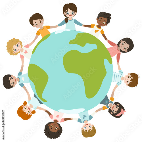Diverse peace kids holding by hands around the planet earth. Multiracial kids circle surrounded world.