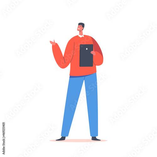 Good Looking Adult Man Office Worker or Business Character Wearing Formal Suits Holding Tablet Pc in Hands Isolated