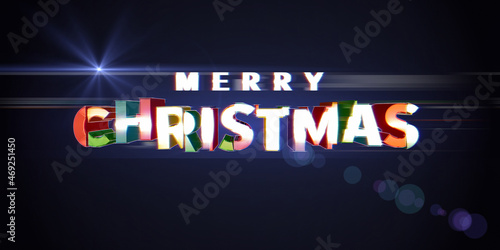 Colorful 3d text on dark background with blurred lines and light effect. Merry Christmas for invitation and greeting card, banner.