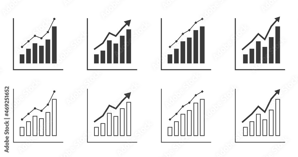 4 growing graphs in 2 styles. Business, finance, marketing icons set.	