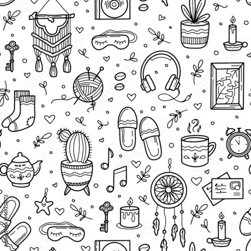 Cozy and sweet home vector seamless pattern with doodle hand drawing icons of plants, candles and cute objects.