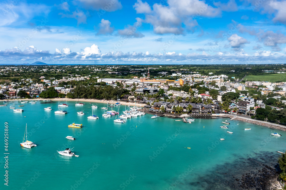 Mauritius, Pamplemousses, Grand-Baie, Helicopter view of coastal town in summer