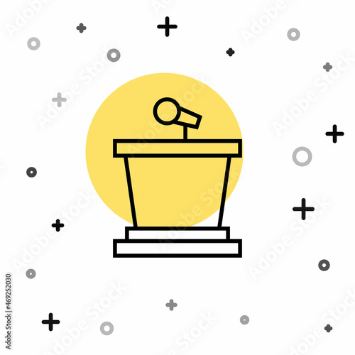 Black line Stage stand or debate podium rostrum icon isolated on white background. Conference speech tribune. Random dynamic shapes. Vector
