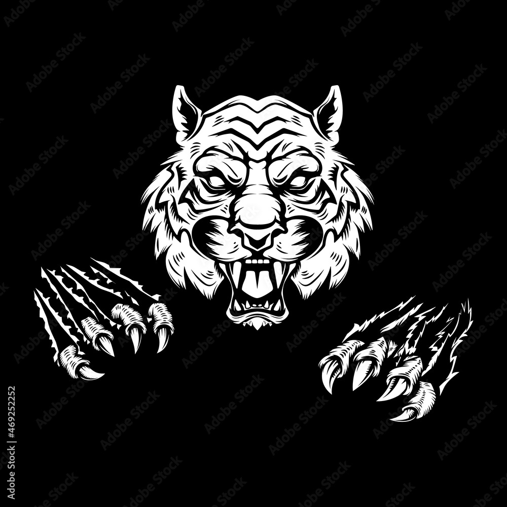 Tiger head and claws. Design element for logo, emblem, sign, poster, t shirt. Vector illustration