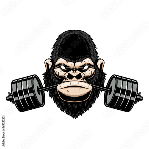 Gorilla with gym barbell in mouth. Design element for logo, emblem, sign, poster, t shirt. Vector illustration