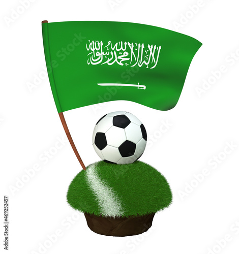 Ball for playing football and national flag of Saudi Arabia on field with grass