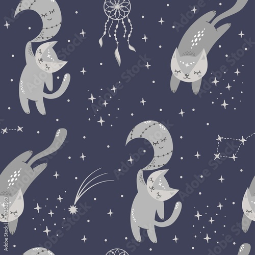 Seamless vector pattern. Sleeping cute cats, moon, stars, dream catcher, twigs. Cute animals for printing on baby clothes.