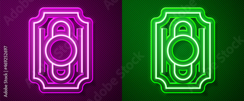 Glowing neon line Circus ticket icon isolated on purple and green background. Amusement park. Vector