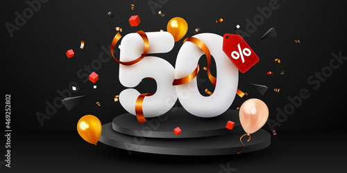 50 percent Off. Black Friday Sale composition with decorative objects, balloons, golden confetti, podium. Discount banner and poster.
