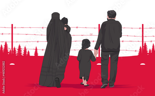 A refugee family with children on the border between Poland and Belarus. Migrants are fleeing the war. In search of home, peace, freedom and human rights. Vector on flag background  photo