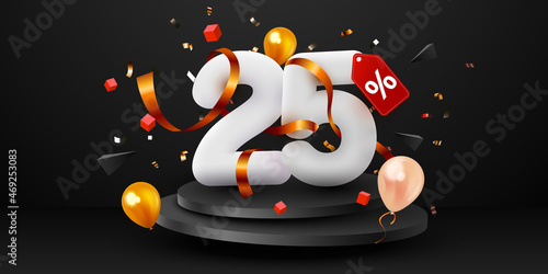 25 percent Off. Black Friday Sale composition with decorative objects, balloons, golden confetti, podium. Discount banner and poster.