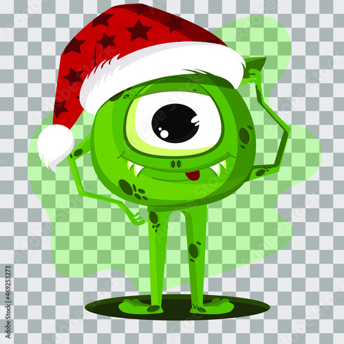 Green one-eyed alien in santa claus hat